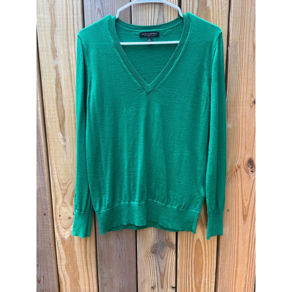 Banana Republic Womens Kelly Green 100% Merino Wool V-Neck Sweater Large - Picture 3 of 8